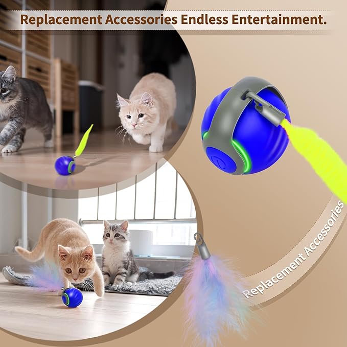 Speedy Tail 2.0 Interactive Cat Toy – Smart Self-Rolling Cat Ball with Feather Tail, Automatic Moving Motorized Toy for Indoor Cats, Chasing & Hunting Fun (Blue)-Mewly Pet
