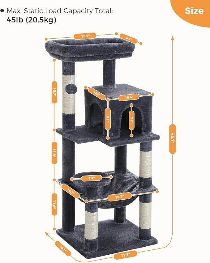 Cat Tree for Indoor Cats, 45.7" Multi-Level Cat Tower with Large Metal Frame Hammock, Cat Condo with 4 Scratching Posts and Top Perch for Small Medium Cat, Dark Grey-Mewly Pet