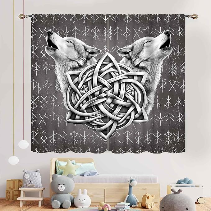 Viking Curtains, Gothic Nordic Wolf Celtic Rune Scandinavian Viking Runes Norse Mythology Aesthetic Retro Drapery for Bedroom Living Room Bathroom Window 2 Panel Set, 63"x72" Inch