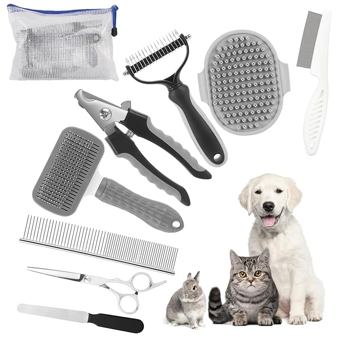 Cat Grooming Brush, 9PCS Dog Brush Kit with Pet Nail Clipper and File, Deshedding Brush for Cats, Cats Dog Shedding Brushs for Small Large Pets, Includes Flea Comb, Bath Brushs,Undercoat Rake (Grey)-Mewly Pet