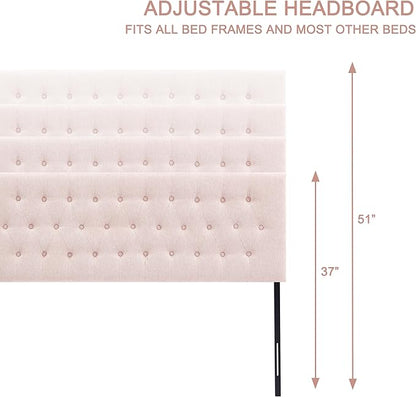 Tufted Upholstered Headboard King Size, Solid Wood Head Board with Durable Metal Legs, Adjustable Height Bed headboard from 37” to 51” Fabric Headboard in Modern Button Design, Pink