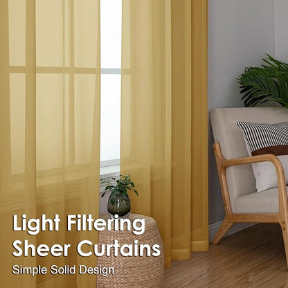 OVZME Gold Sheer Curtains 72 Inches Long 2 Panels - Soft Light Filtering Window Sheer Panels for Living Room/Bedroom, Top Dual Rod Pocket, 1 Pair, Each 42Wx72L Inches