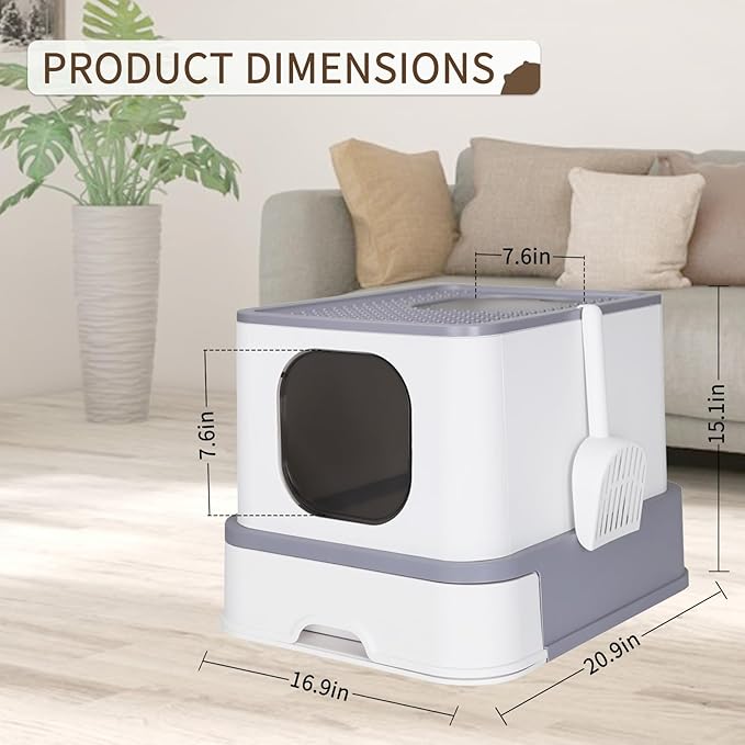 RIZZARI Large Enclosed Cat Litter Box : Covered Leak-Proof Reduces Odor - for Indoor Use Cat Owners (Light Gray)-Mewly Pet