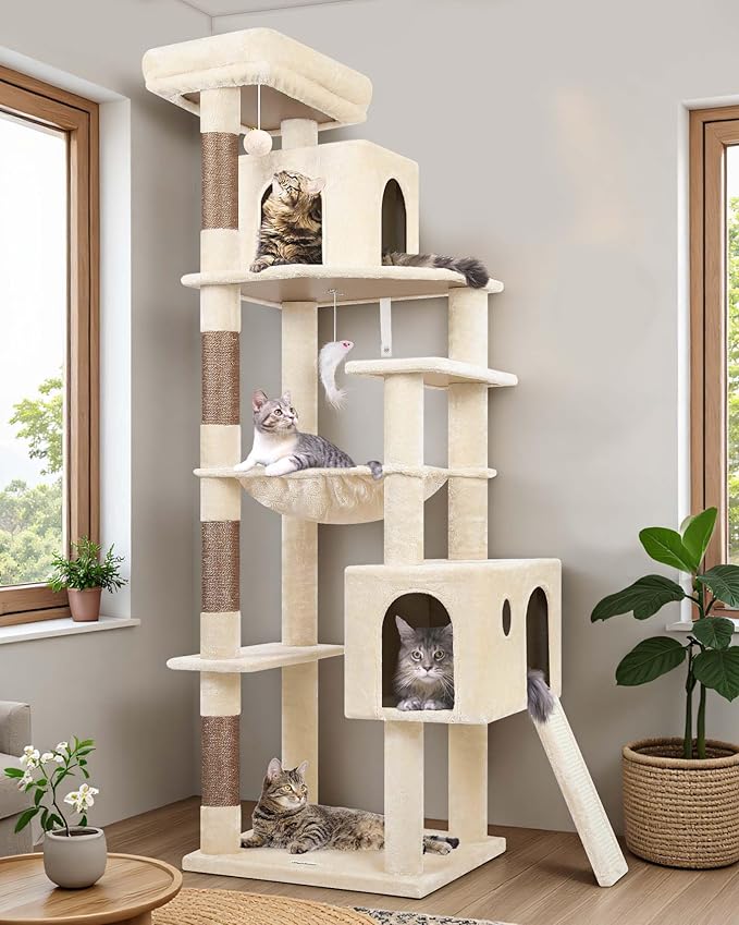 Globlazer Heavy Duty Cat Tree Tower, 70inch Sturdy Cat Tree for Indoor Cats Sturdy Large Cat Tower with Scratching Post and Scratching Board, Hammock, Cat Condo for Adult Cats Kittens, F70 Pro, Beige-Mewly Pet