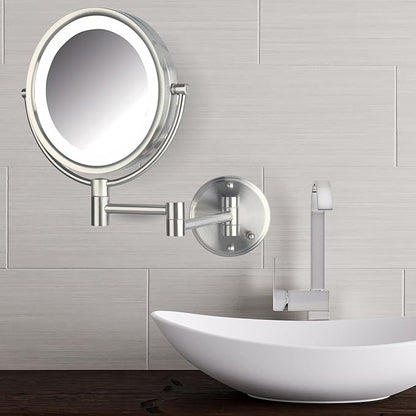 JERDON Wall-Mounted Makeup Mirror with Lights - Direct-Wired Lighted Makeup Mirror with 8X Magnification & Nickel Finish - Model HL88NLD