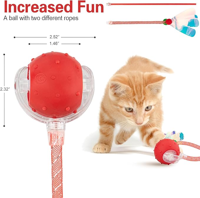Interactive Cat Toys Ball for Indoor Cats, Automatic Agile Rolling Cat Ball with Elastic Mesh Tail, Bird Chirping & Motion Activated, 2 Tail Accessories, Kitten Toy for Bored (Red)-Mewly Pet