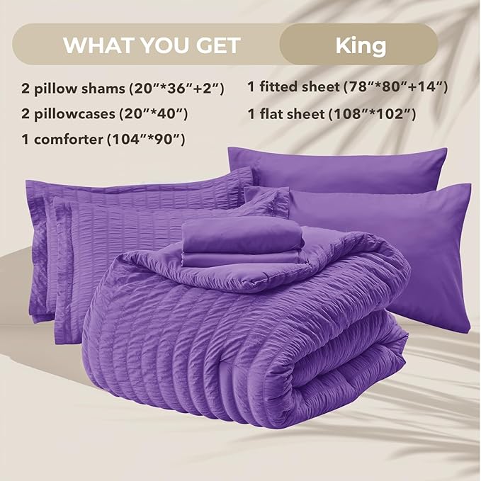 HYMOKEGE Dark Purple King Size Comforter Set Seersucker 7 Pieces, All Season Luxury Bed in a Bag for Bedroom, Bedding Set with Comforter, Sheets, Pillowcases & Shams