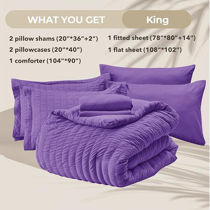 HYMOKEGE Dark Purple King Size Comforter Set Seersucker 7 Pieces, All Season Luxury Bed in a Bag for Bedroom, Bedding Set with Comforter, Sheets, Pillowcases & Shams
