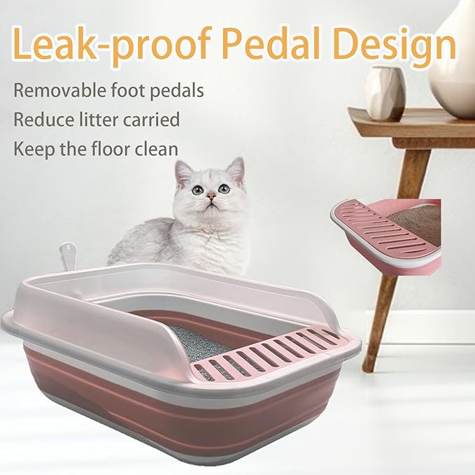Low Entry Kitten Litter Box,Collapsible Cat Litter Box, Open Small Cat LitterBox with High Side Shallow Kitten Litter Pan Anti-Splashing Waterproof with Falling Sand Pedal-Mewly Pet