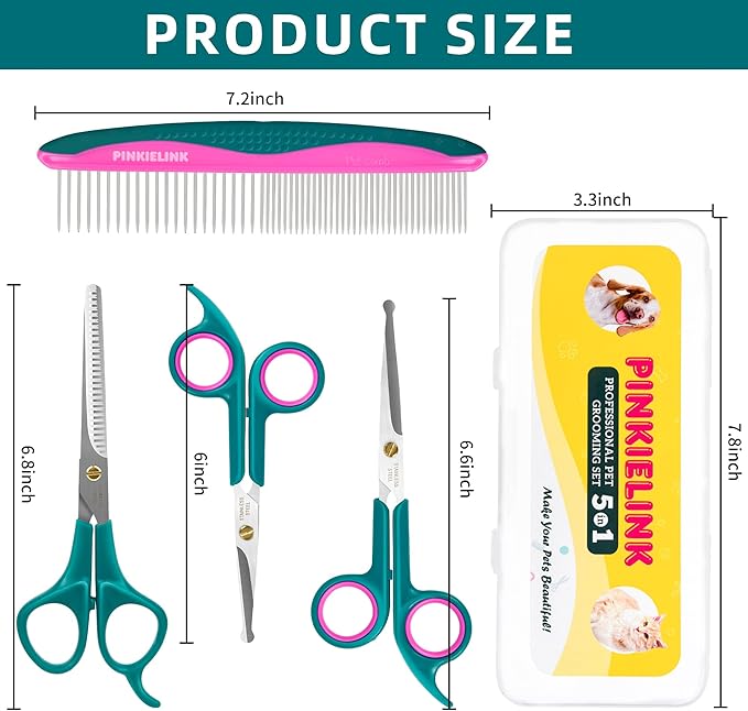 Professional 5 in 1 Pet Grooming Kit - Stainless Steel Dog & Cat Grooming Scissors with Rounded Tip Blades for Safe Fur Trimming, Thinning Shears, Straight Scissors, and Pet Comb (Green 5 in 1)-Mewly Pet