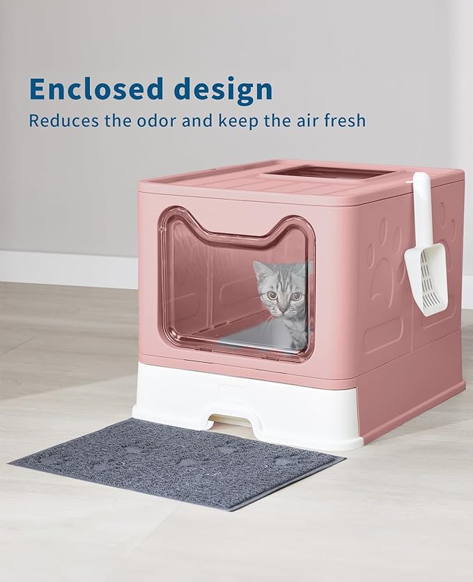 Cat Litter Box with Litter Mat and Scoop, Large Foldable Litter Box with Lid, Front Entry Top Exit Kitty Box, Odor Control, Easy to Clean (Pink)-Mewly Pet