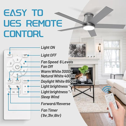 wurzee 52 Inch Flush Mount Ceiling Fan, Matte Silver Ceiling Fan with Light, Reversible DC Motors, Dimmable,Timer, Noiseless, Ceiling fan for Indoor & Outdoor Farmhouses, Dining Rooms