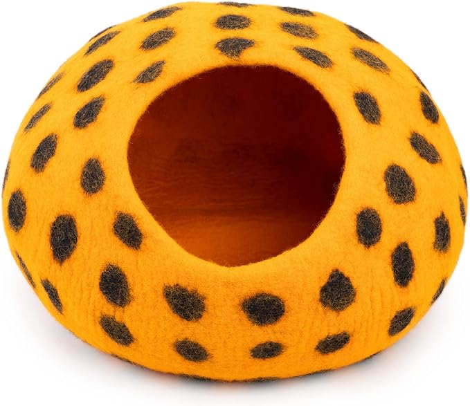 Woolygon Premium Felt Cat Cave Bed - Polka Dot Series - Wool Kitty Beds Handcrafted Kitten Caves Bed for Indoor Cats - Eco-Friendly Merino Wool, Foldable Cat Hideaway Cat Houses (Orange/Black Dots)-Mewly Pet