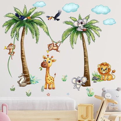 Jungle Animal Wall Stickers Forest Safari Wall Decals Kid Room Nursery Baby Bedroom Décor (Brown Tung Tree Toucan)
