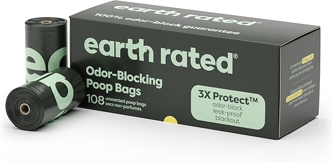 Earth Rated Odor-Blocking Poop Bags for Dogs with 3X Protect, Guaranteed to Block Smells & Leak-Proof Performance, Conceals Smell & Mess, Unscented, 108 Count-Mewly Pet