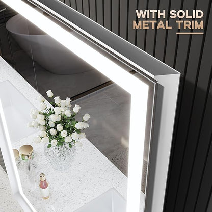 LED Bathroom Mirror, 24“x32“ Lighted Bathroom Mirror with Metal Framed, Extremely Bright LED Mirror for Bathroom, 3 Colors Dimmable, Anti-Fog, Memory, Wall Mounted Lighted Vanity Mirror