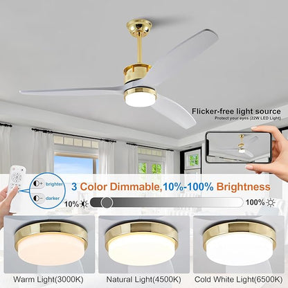 BOJUE 52 Inch Solid Wood Gold Ceiling Fans with Lights and Remote, Reversible Quite DC Motor,6 Speeds with Memory Program,Modern Farmhouse Ceiling Fan with Light for Living Room Patio