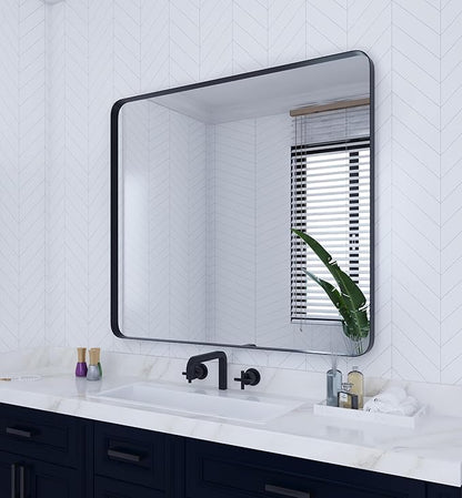 VocalStar Black Metal Framed Bathroom Mirror for Wall, 36 x 40 Inch Large Rounded Rectangle Matte Black Bathroom Vanity Mirror Farmhouse, 1/4-inch Shatterproof Glass | Ultra-Flush Hanging
