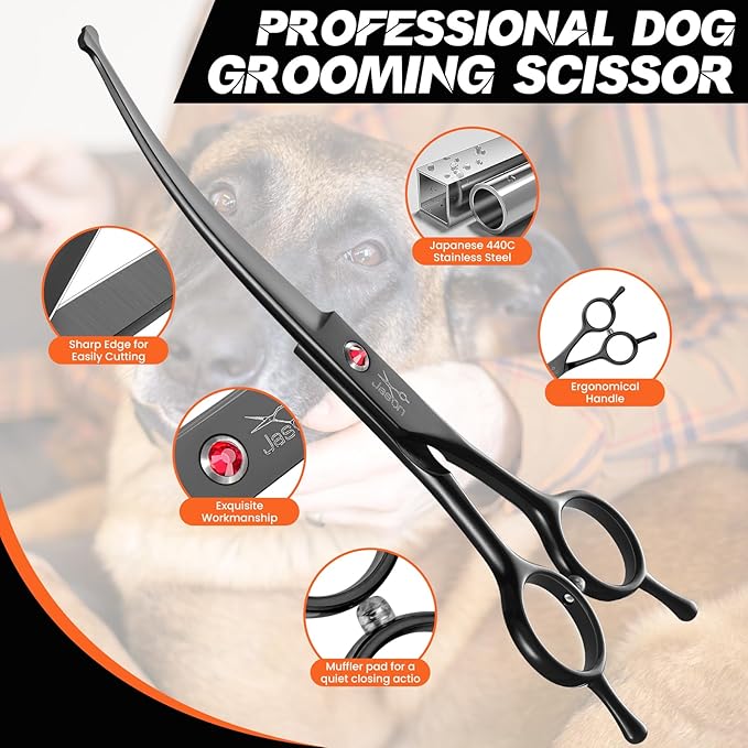 JASON 7.5" Dog Grooming Shear - Professional Up-curved Scissor with Round Tips Japanese Stainless Steel Hair Scissor for Dogs, Cats and Other Pets (Curved with Round Tips, Black)-Mewly Pet