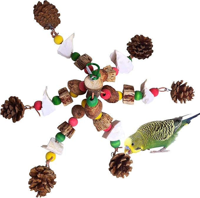 kathson Parrot Chew Toys, Medium Size Natural Wooden Bird Toys with Colorful Blocks, Hanging Bird Cage Accessories for Cockatiels, Conure, Cockatoos, 2 Pack (Style B)-Mewly Pet