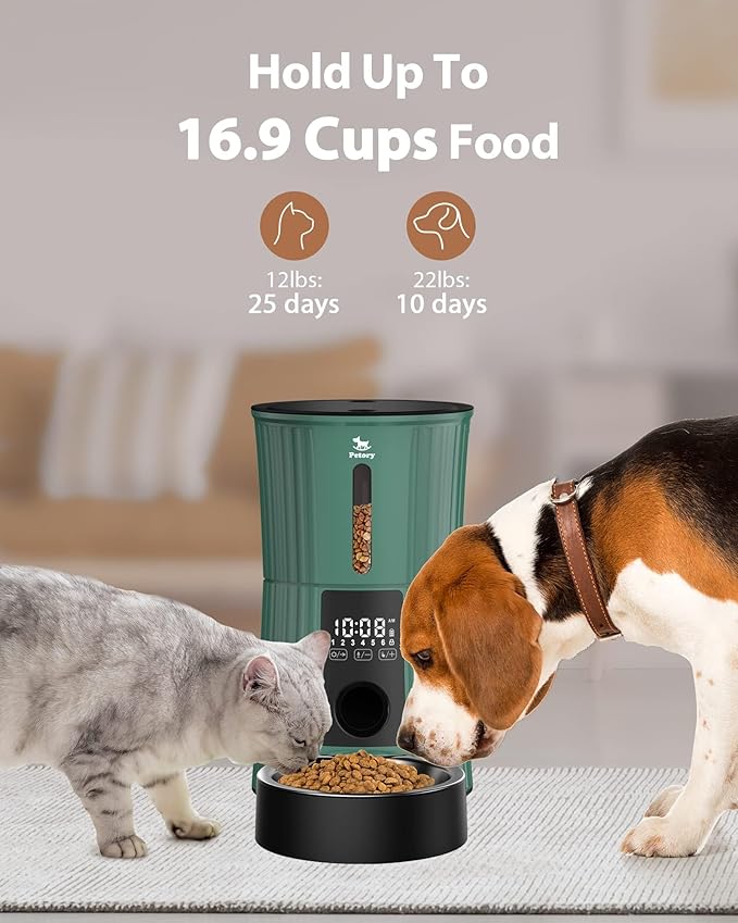 Petory Timed Automatic Cat Feeders - 4L Programable Dry Food Dispenser for Cats and Small Medium Dogs 6 Meals with Desiccant Bag Dual Power Supply 10S Voice Recorder-Mewly Pet