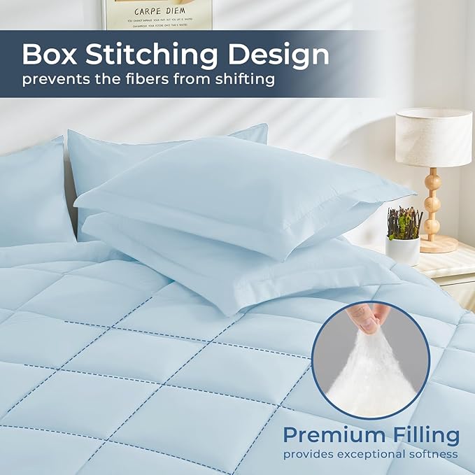 HEVUMYI King Comforter Set - 7-Piece All Season Bed in a Bag King, Ultra Soft Bedding Set with Comforter, Flat Sheet, Fitted Sheet, Pillowcases, Pillow Shams, Greyish Blue