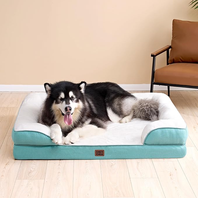 EHEYCIGA Orthopedic Dog Beds for Extra Large Dogs, Waterproof Memory Foam XXL Dog Bed with Sides, Non-Slip Bottom and Egg-Crate Foam Big Pet Couch Bed with Washable Removable Cover, Turquoise Blue-Mewly Pet