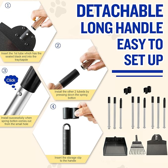Dog Pooper Scooper, Tray Rake and Spade 3 Pack Poop Scoop Adjustable Long Handle Metal with Bin for Pet Waste Removal, No Bending Clean Up for Large and Small Dogs-Mewly Pet