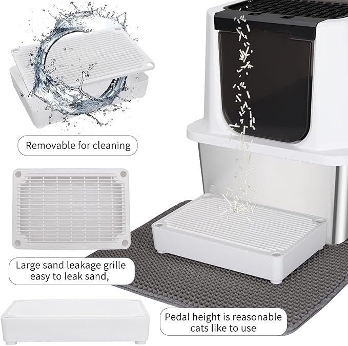 RIZZARI Stainless Steel Cat Litter Box, Odorless Enclosed Litter Box with Top Holes, Large Litter Pan for Small to Large Sized Cats (Black, 24" L*16" W*18" H)-Mewly Pet