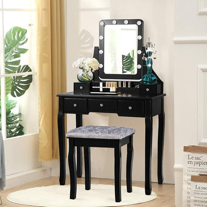 CHARMAID LED Vanity Desk with Lighted Mirror, 10 Dimming Bulbs, 5 Drawers, 3 Storage Organizers, Makeup Vanity Desk with Stool, Bedroom Dressing Table, Gift for Girls Women (Black)