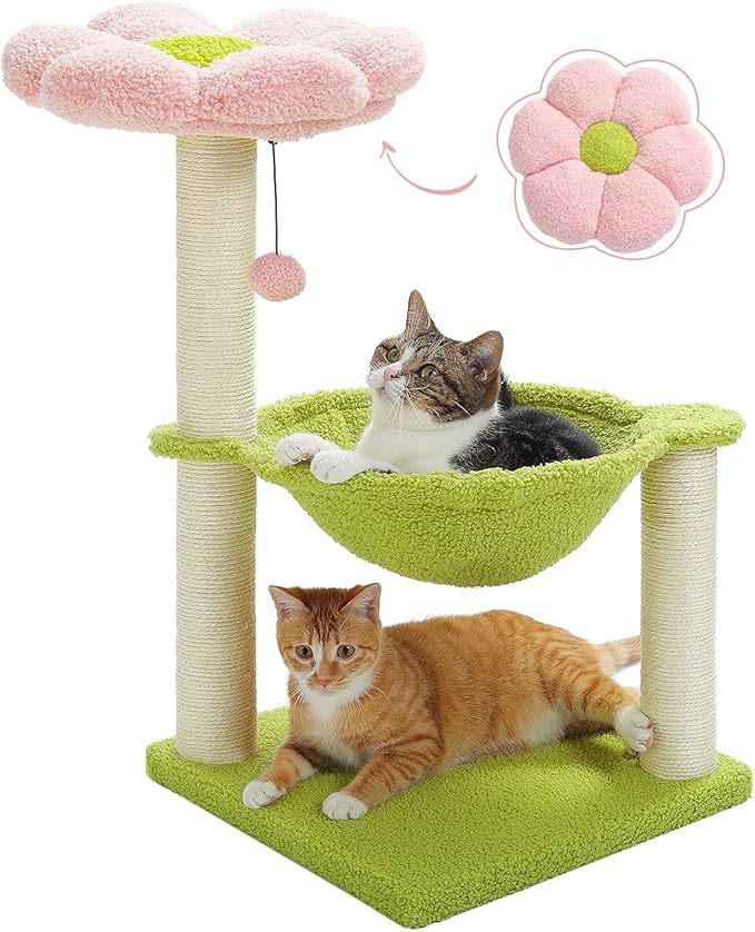 Flower Cat Tree, 28" Cat Tower with Cozy Flower Perch, Large Hammock for Indoor Small Cats, Cute Cat Tree with Sisal Scratching Post and Fur Toy Ball for Kittens, Pink-Mewly Pet