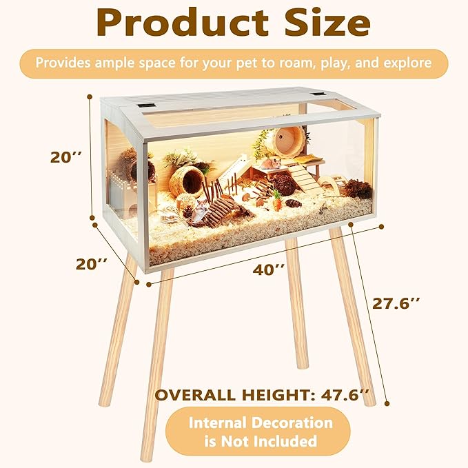 Prolee Hamster Cage Wooden Chew Proof, Extra Large Mice and Rat Habitat Openable Top with Acrylic Sheets Solid Built Small Animal Cage with Leg Stands, 40 Inch Long-Mewly Pet