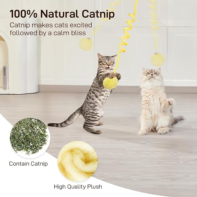 Potaroma Hanging Fluffy Cat Catnip Ball Toys 3 Pcs with Bell, Interactive Cat Teaser Retractable Toys Indoor Kitten Play Chase Exercise Physical Stimulation-Mewly Pet