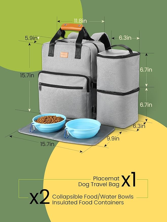 Dog Travel Bag, 25L Airline Approved Dog Travel Backpack for Pet Travel Accessories with 2 Food Storage Containers, 2 Foldable Bowls for Short Trips, Grey-Mewly Pet