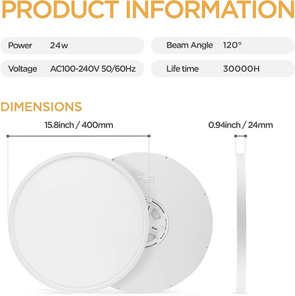 TALOYA LED Ceiling Light Living Room White, 15.8 Inch Thin Flat Modern Flush Mount Lighting Fixture for Bedroom,5 Color Temperatures in 1, 24w Round 0.94 Inch Thickness