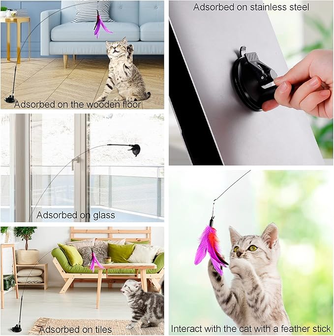 Cat Feather Toys Interactive Cats - Dorakitten Cat Powerful Suction Cup Handheld Teaser Wand Toy and 5PCS Replacement Feather with Bell for Kitty Kitten Scratching Exercise Indoor-Mewly Pet
