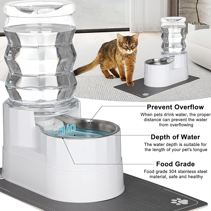RIZZARI Pet Waterer Gravity Dispenser: White 7L Raised Bowl Feeder - Stainless Steel Anti-Leak Design - for Cats/Dogs Travel-Mewly Pet