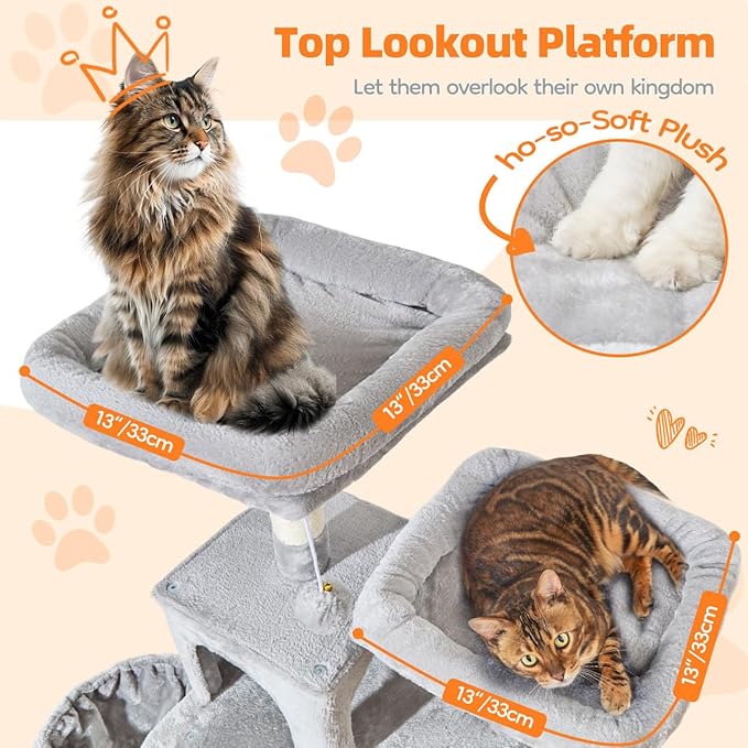 Taoqimiao Large Cat Tree，73-Inch Cat Tree Tower with 9 Scratching Posts for Indoor Cats, 2 Large Cat Condo with Hammock, Hanging Basket, 2 Extended Platform, Light Gray MS013XLW-Mewly Pet