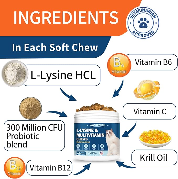L-Lysine Supplement for Cats, Cat Vitamins for Sneezing, Runny Nose, Cold, Immune Support, Eye Function and Respiratory Health, Natural Lysine Cat Treats (120 Chews, Tuna)-Mewly Pet