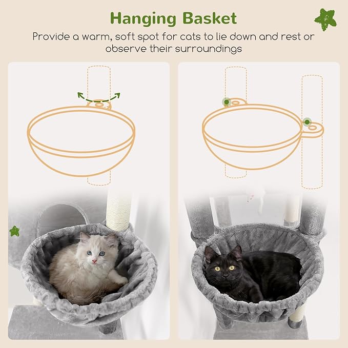 Globlazer Tall Cat Tower, 76 inch Multiple Level Cat Climbers for Indoor Cats, XL Cat Tree with 5 Scratching Posts, 2 Cat Condos, Hammock, 2 Hanging Baskets, F76B, Light Grey-Mewly Pet