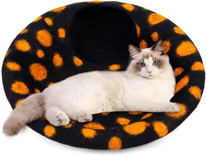 Woolygon Premium Felt Cat Cave Bed - Polka Dot Series - Wool Kitty Beds Handcrafted Kitten Caves Bed for Indoor Cats - Eco-Friendly Merino Wool, Foldable Cat Hideaway Cat Houses (Yellow/Black Dots)-Mewly Pet