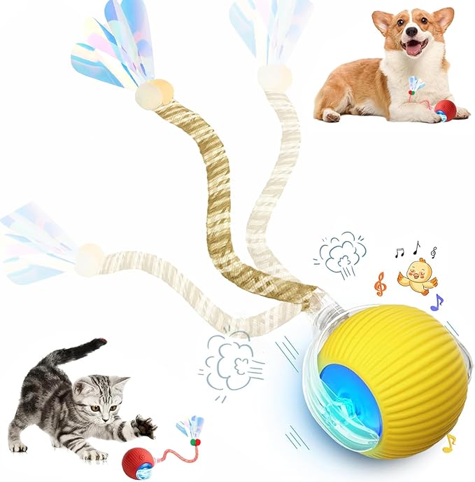 Speed 2.0 Tail Interactive Cat Toys for Indoor Cats, Chirping & Motion Activate Cat Toy, Smart Kitten Rolling Ball Moving Ball Toys, Rechargeable Dog Cat Bal l for Enrichment Exercise (Yellow)-Mewly Pet