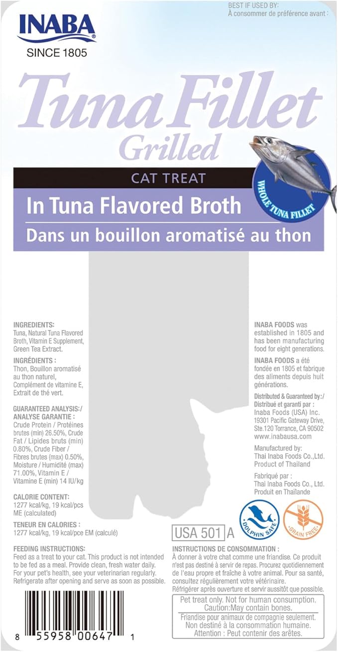 INABA Premium Hand-Cut Grilled Tuna Fillet Cat Treats/Topper with Vitamin E and Green Tea Extract, 0.52 Ounces Each, Pack of 6, Tuna Broth-Mewly Pet