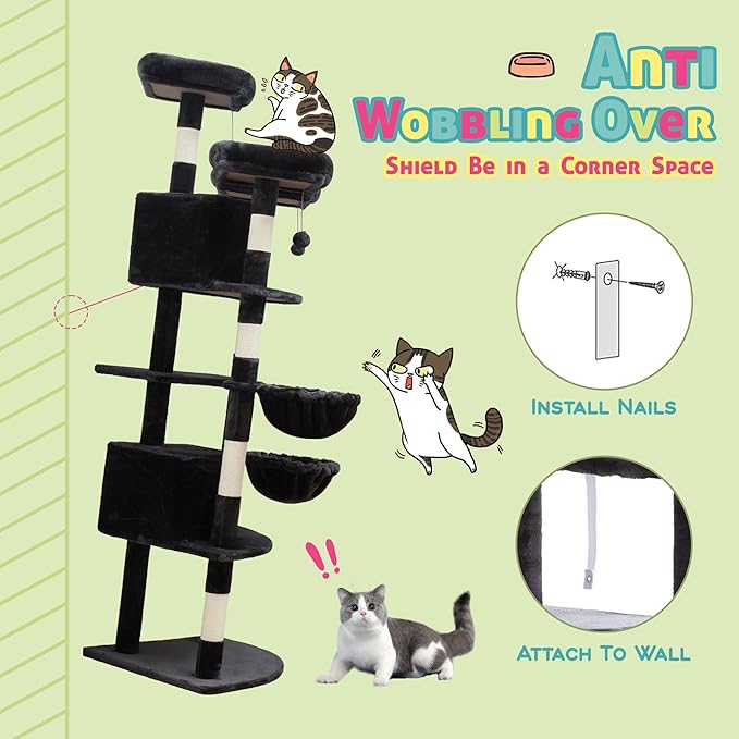 SHA CERLIN 73in Fan-Shaped Corner Cat Tower for Save Space/Multi-Level Tall Cat Tree for Indoor Kitties/Condo with Baskets/Cozy Perches/Sisal Scratching Posts/Pet Activity House/Dark Grey-Mewly Pet