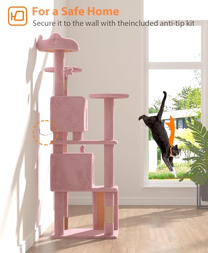 60'' Cat Tree Tower for Indoor Cats Large Adult,Cute/Tall Modern Cat Tree for Big Cats 20 lbs, Plush Multi-Level Cat Condo with Scratching Posts,Dangling for Fun Play (Soft Pink, 60 inch)-Mewly Pet