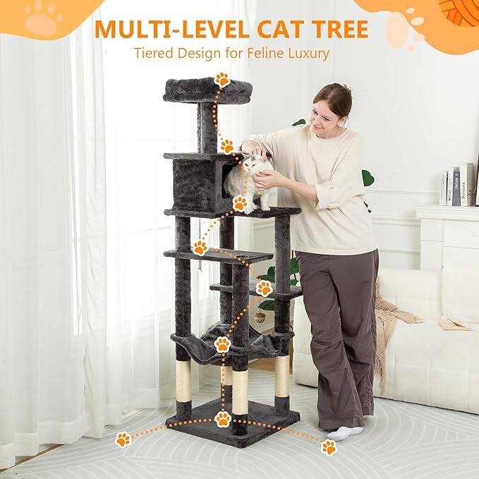 KITTY KINGDOM 65in Large Cat Tree Condo Furniture for Indoor Kitties, Multi-Level Cat Tower with 4 Scratching Posts, Cat Cave, Hammock, Perch & Reinforced Base, Plush Gray-Mewly Pet