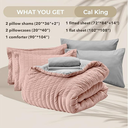 HYMOKEGE Rose Gold/Light Grey California King Comforter Set Seersucker 7 Pieces, All Season Luxury Bed in a Bag for Bedroom, Bedding Set with Comforter, Sheets, Pillowcases & Shams