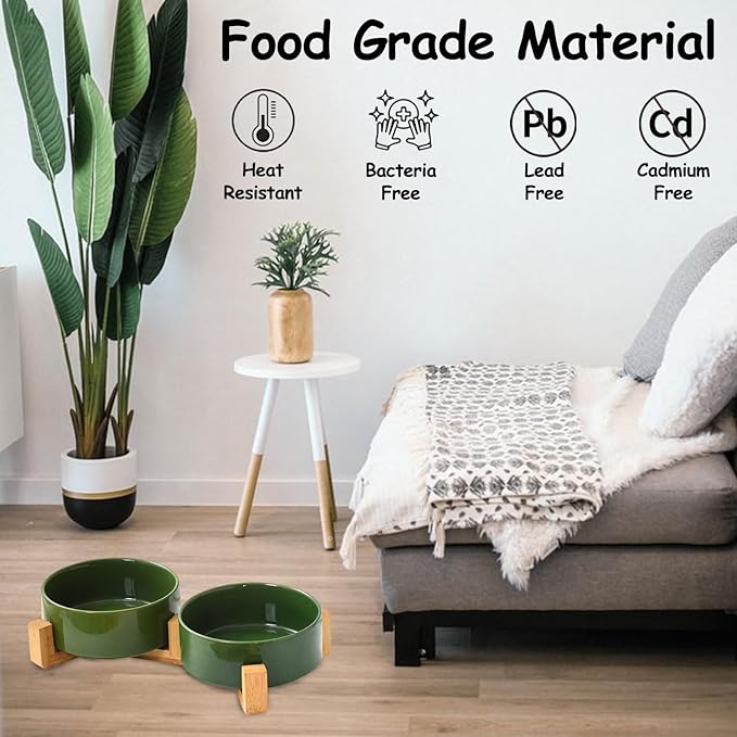 Petygooing Dog Bowls,Ceramic Cat Dog Bowl Set with Wood Stand for Food and Water,Non-Slip Cute Modern Pet Dish for Cats and Small Size Dogs (13.5OZ/5.1 in) Rust Green-Mewly Pet
