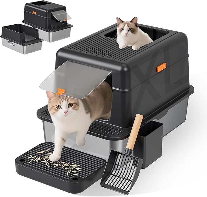 Enclosed Stainless Steel Litter Box with Lid, 20L Metal Enclosed Litter Box for Big Cat, Flip-Top Design with Anti-Leakage High Sides, Cat Lovers Gifts（Black）-Mewly Pet