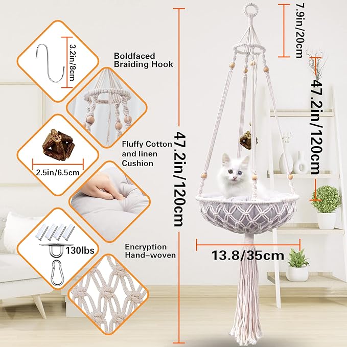 Macrame Hammock, Handwoven Boho Cat Swing with Hanging Kit for Indoor Outdoor Home Decor Hang on Wall Bed for Sleeping, Playing, Climbing and Lounging-Mewly Pet